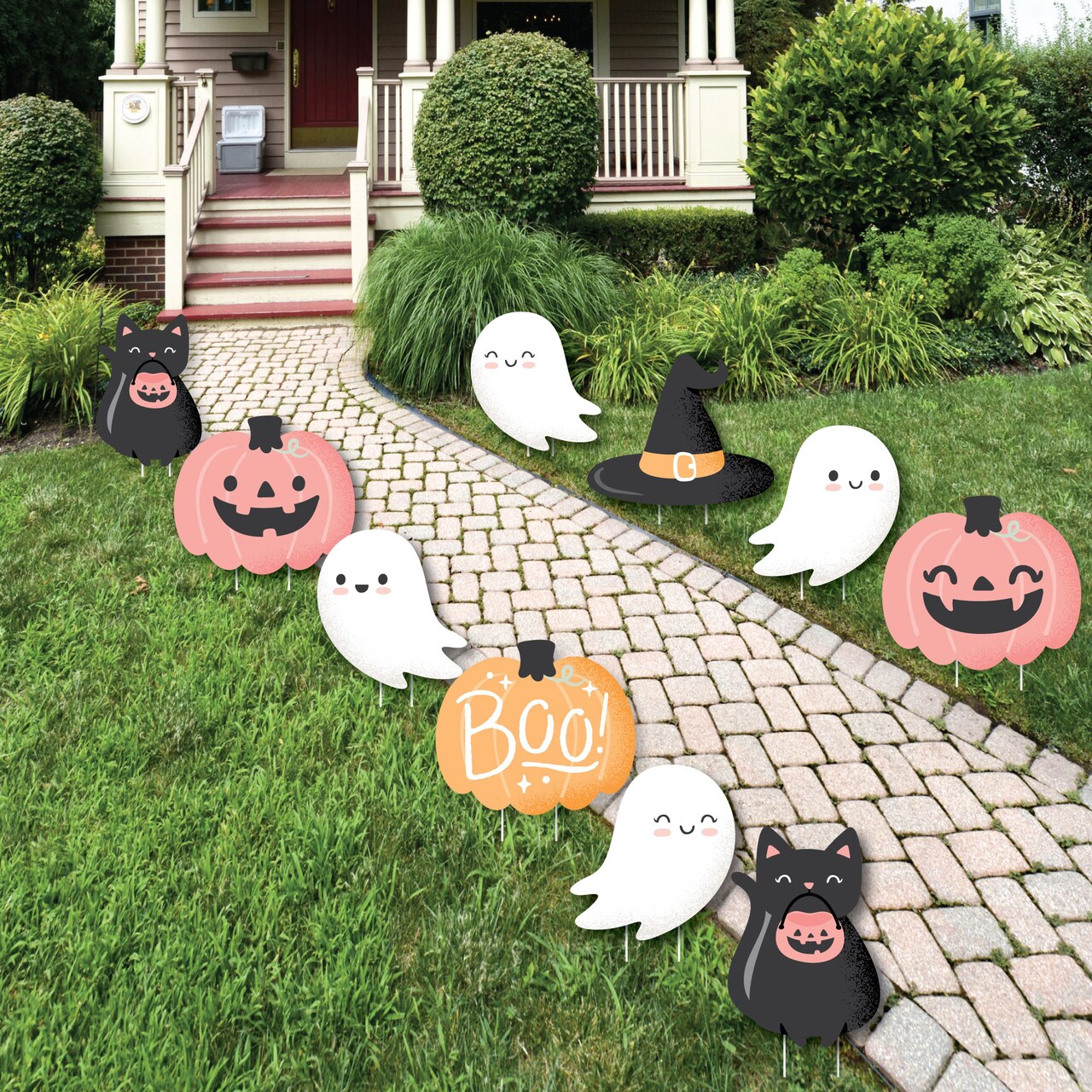 Big Dot of Happiness Pastel Halloween - Ghost, Pumpkin, Cat and Hat Lawn Decorations - Outdoor Pink Pumpkin Party Yard Decorations - 10 Piece